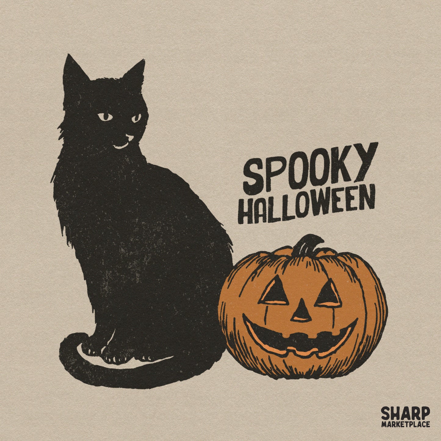 Retro spooky Halloween PNG design featuring a black cat and jack o lantern for autumn sublimation shirts