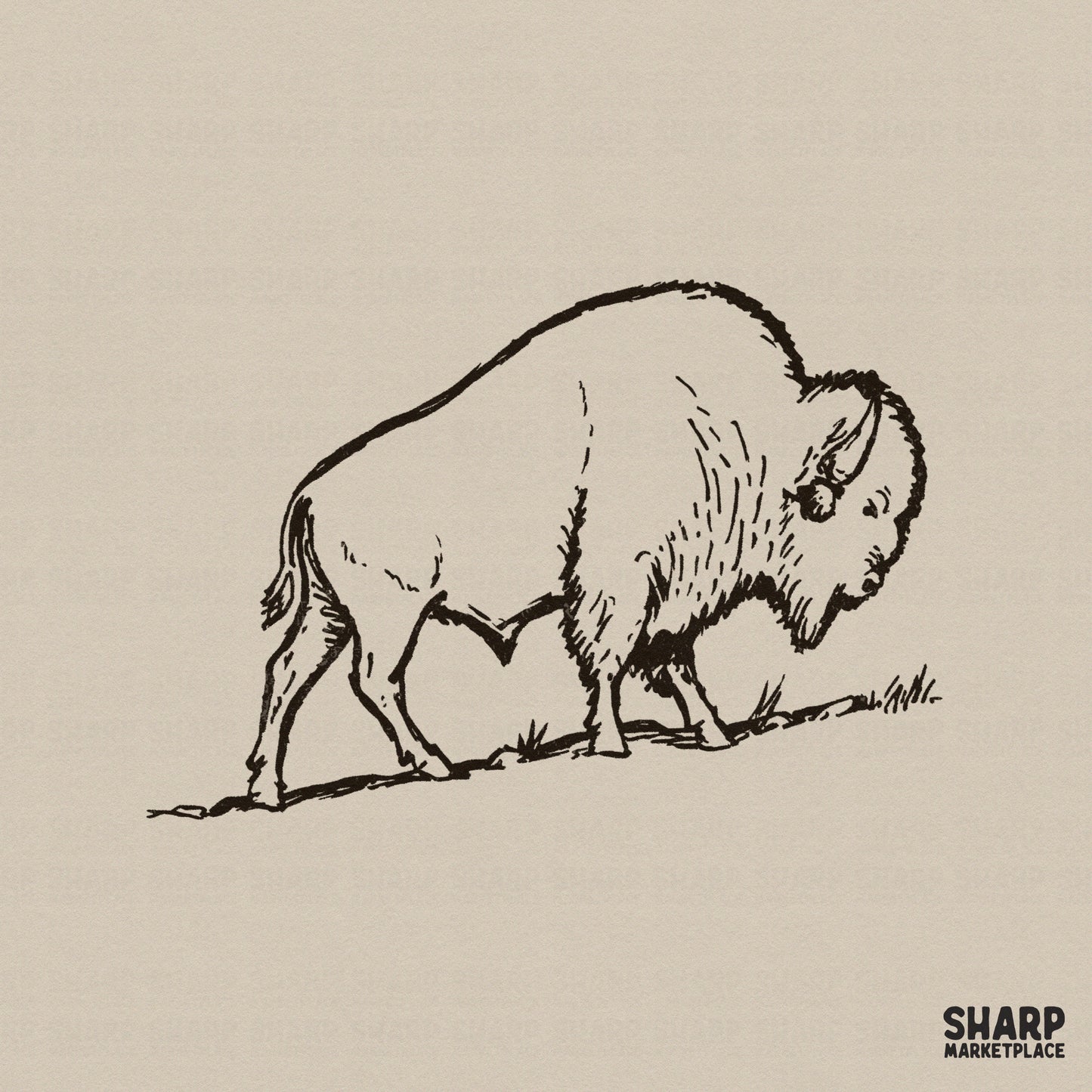 Detailed hand-drawn ink sketch of a bison walking on a prairie, featuring rustic linework for western-themed apparel and sublimation projects.