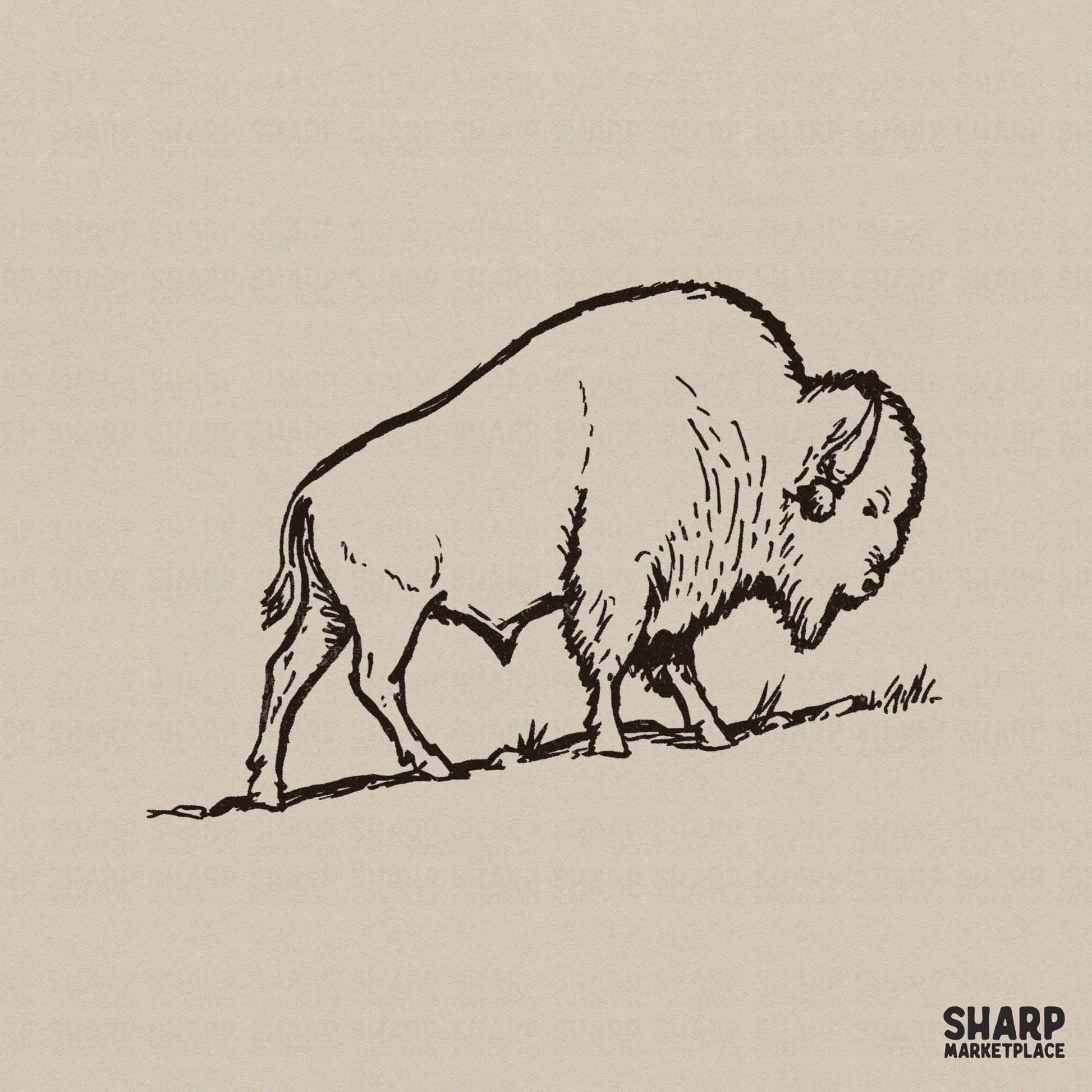 Detailed hand-drawn ink sketch of a bison walking on a prairie, featuring rustic linework for western-themed apparel and sublimation projects.