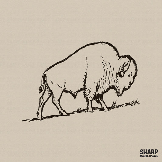 Detailed hand-drawn ink sketch of a bison walking on a prairie, featuring rustic linework for western-themed apparel and sublimation projects.