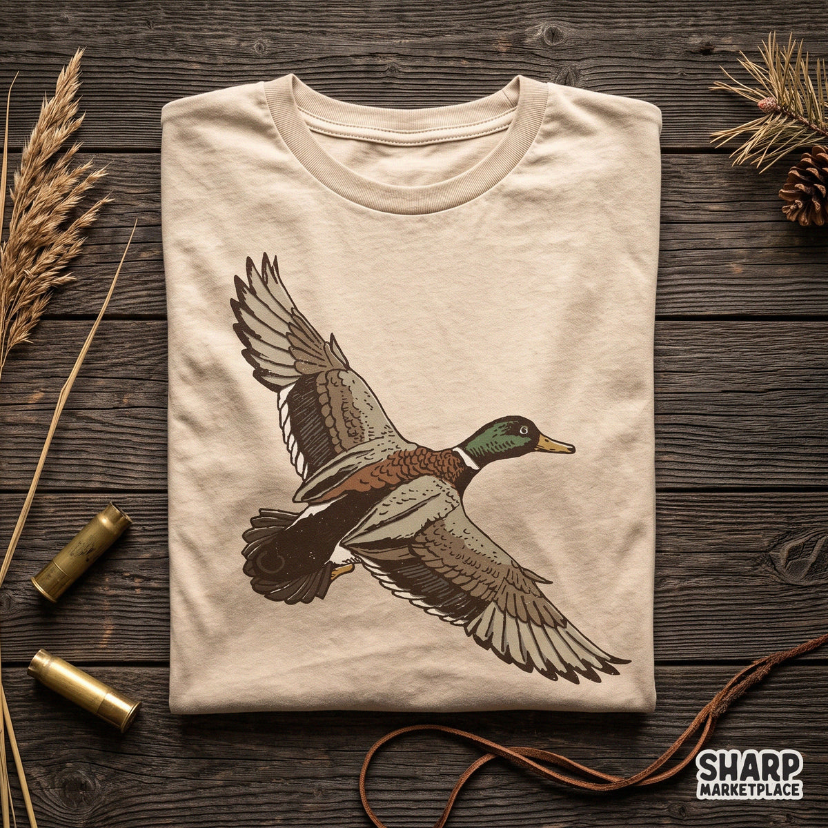 Detailed illustration of a flying mallard duck PNG design for outdoor camping shirt sublimation and waterfowl hunting