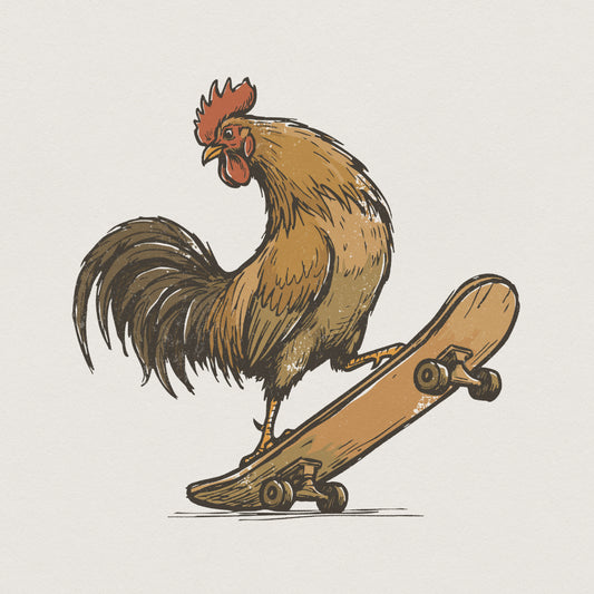 Vintage style illustration of a rooster balancing on a wooden skateboard, featuring warm ochre and tan tones, perfect for funny farm-themed apparel.