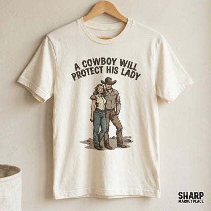 Distressed western graphic of a cowboy with his arm around a cowgirl, perfect for sublimation printing on t-shirts, tumblers, or custom apparel.