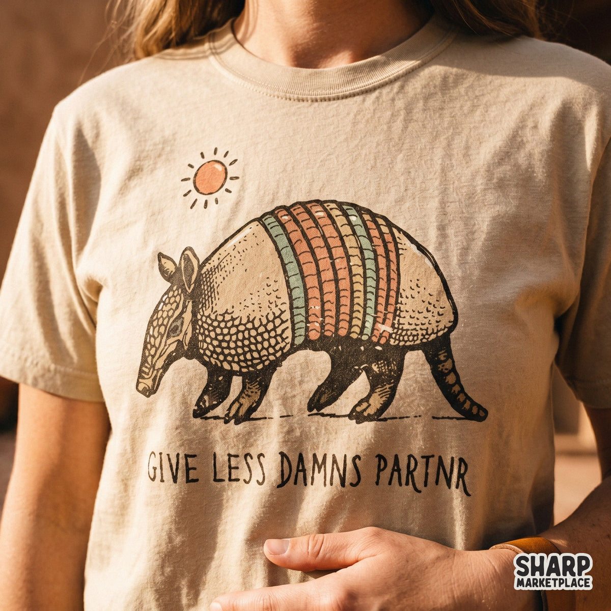High-resolution transparent PNG design of a walking armadillo under a sun, ideal for creating funny cowboy-inspired tumblers or wall art.