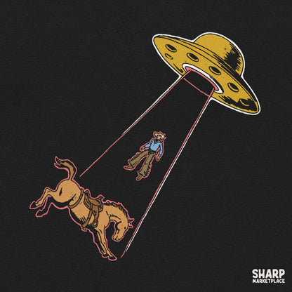 Retro sci-fi flying saucer abducting a cowboy and horse clipart design for western sublimation shirts