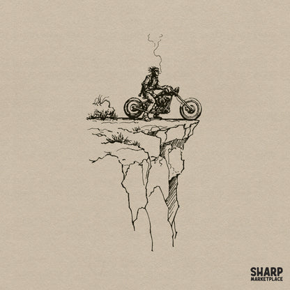Hand-drawn black line art of a lone biker on a chopper motorcycle smoking a cigarette while perched on a desert cliff edge, isolated on white.
