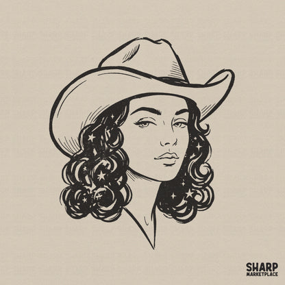 Hand-drawn line art of a cowgirl wearing a wide-brimmed hat with voluminous curly hair featuring scattered stars for western apparel projects.