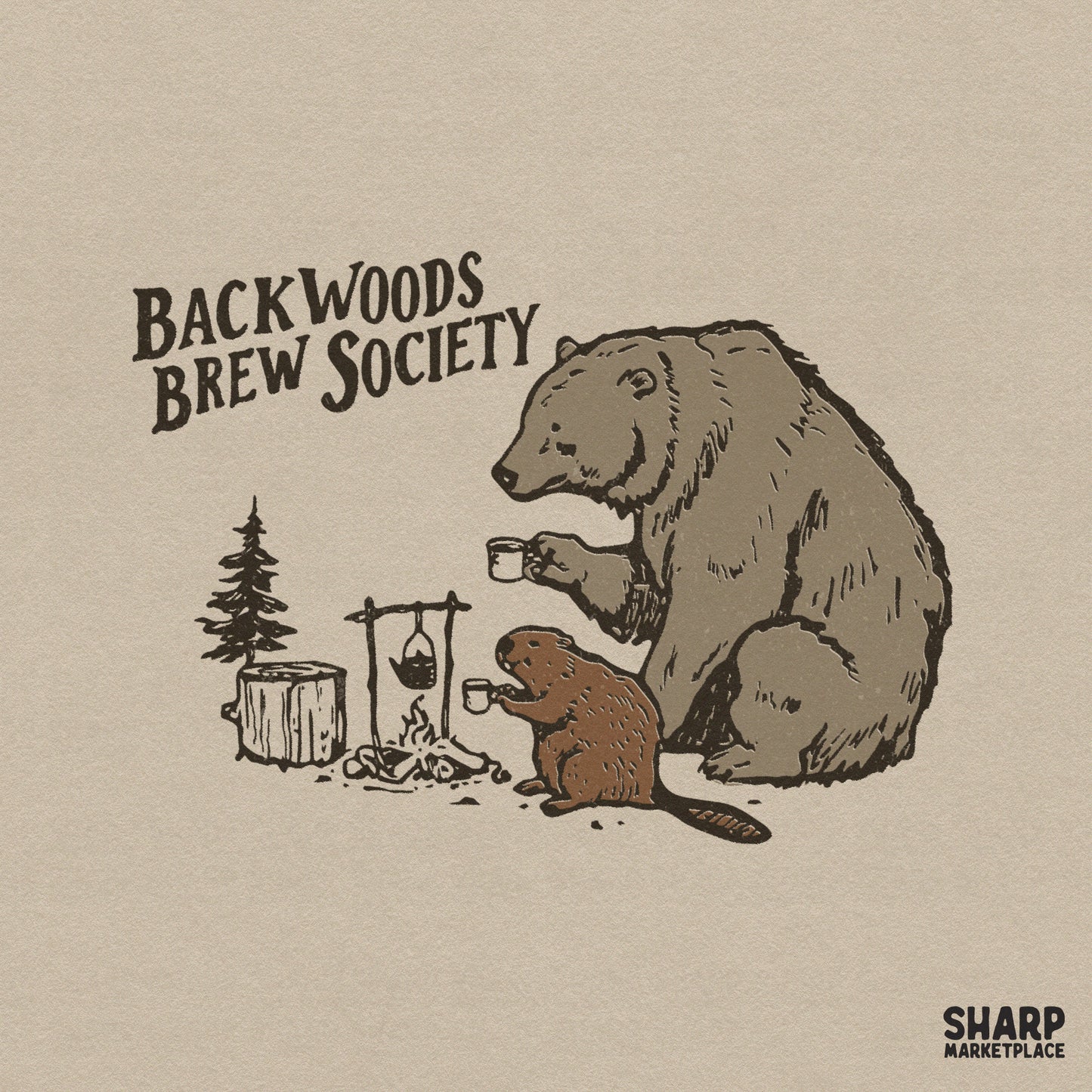 Hand-drawn woodland design featuring a bear and beaver drinking coffee by a campfire with the text Backwoods Brew Society in vintage typography.