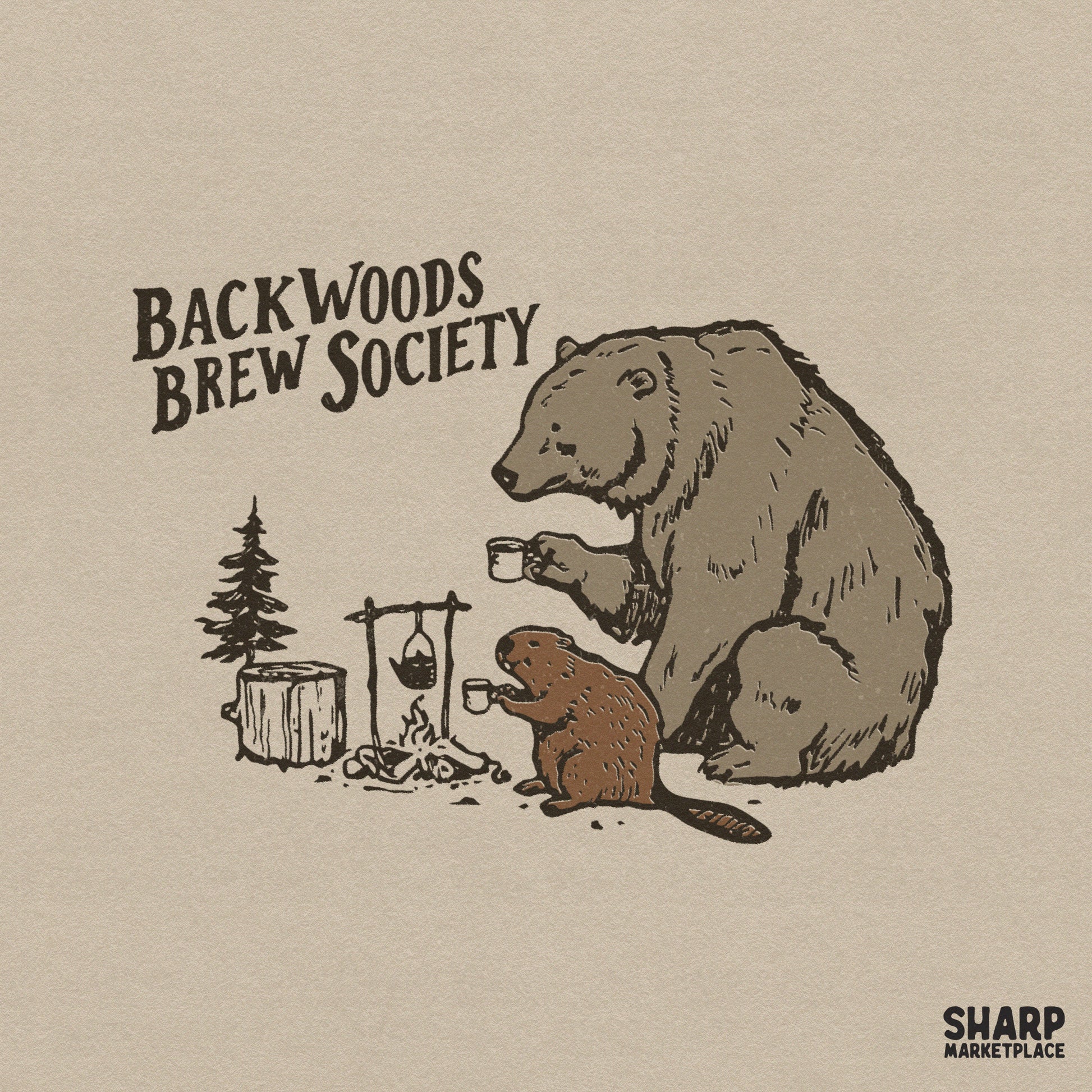 Hand-drawn woodland design featuring a bear and beaver drinking coffee by a campfire with the text Backwoods Brew Society in vintage typography.