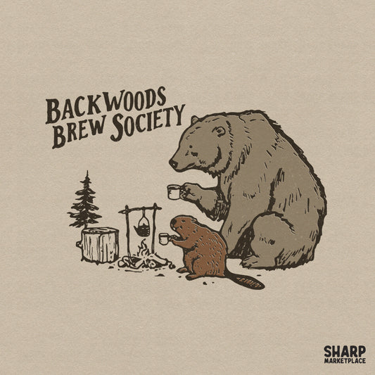 Hand-drawn woodland design featuring a bear and beaver drinking coffee by a campfire with the text Backwoods Brew Society in vintage typography.
