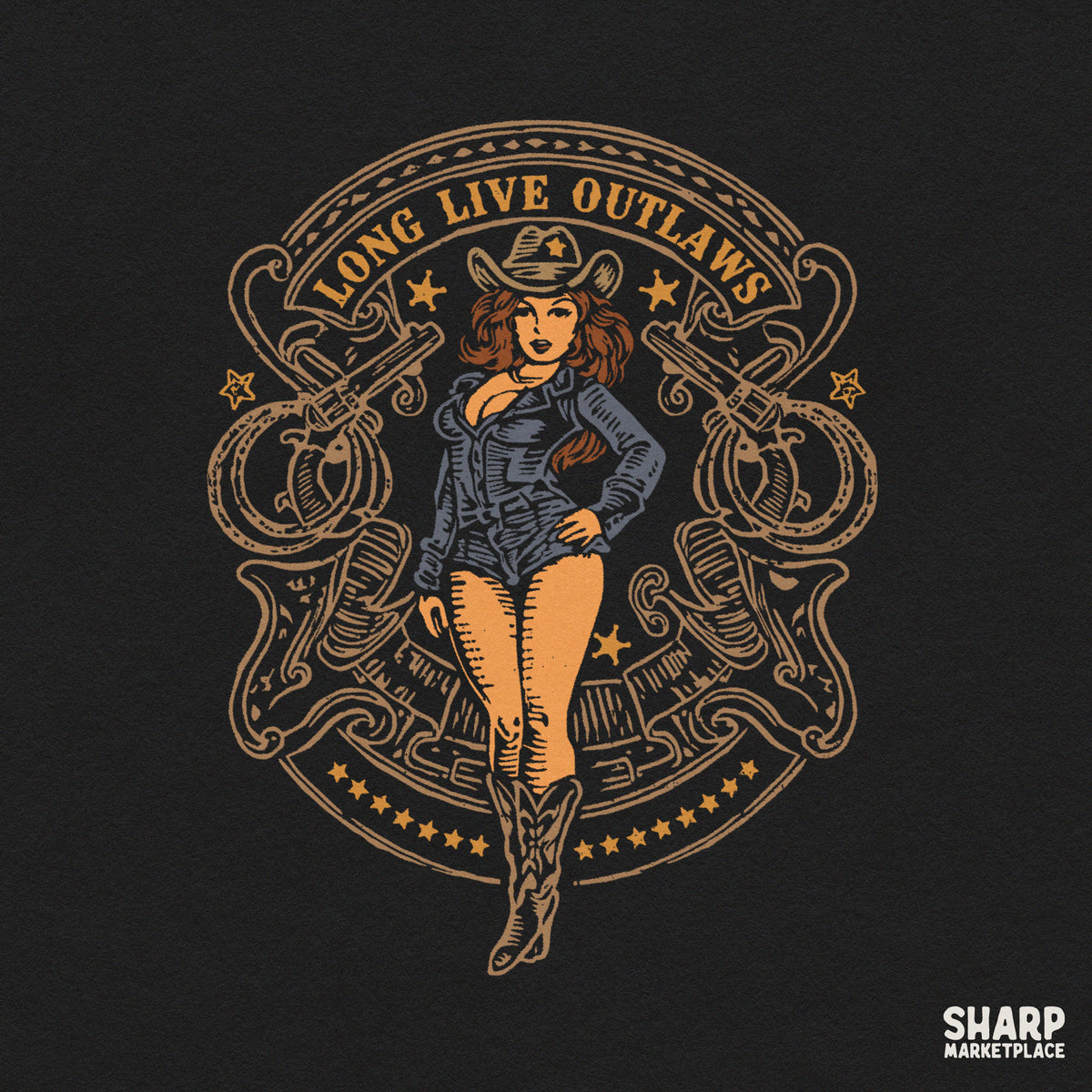 Vintage western outlaw cowgirl with revolvers graphic design for rodeo t-shirts and sublimation PNG downloads