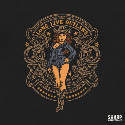 Vintage western outlaw cowgirl with revolvers graphic design for rodeo t-shirts and sublimation PNG downloads