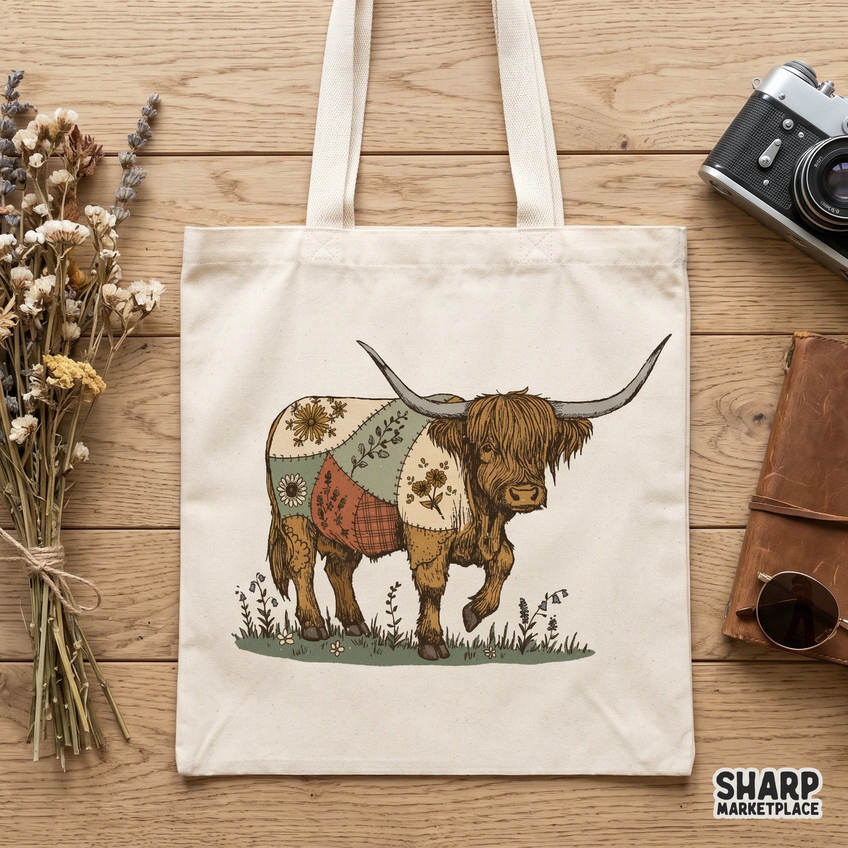 Detailed highland cow graphic with a sage green and burnt orange patchwork blanket, ideal for farmhouse wall art, stickers, or custom t-shirt prints.