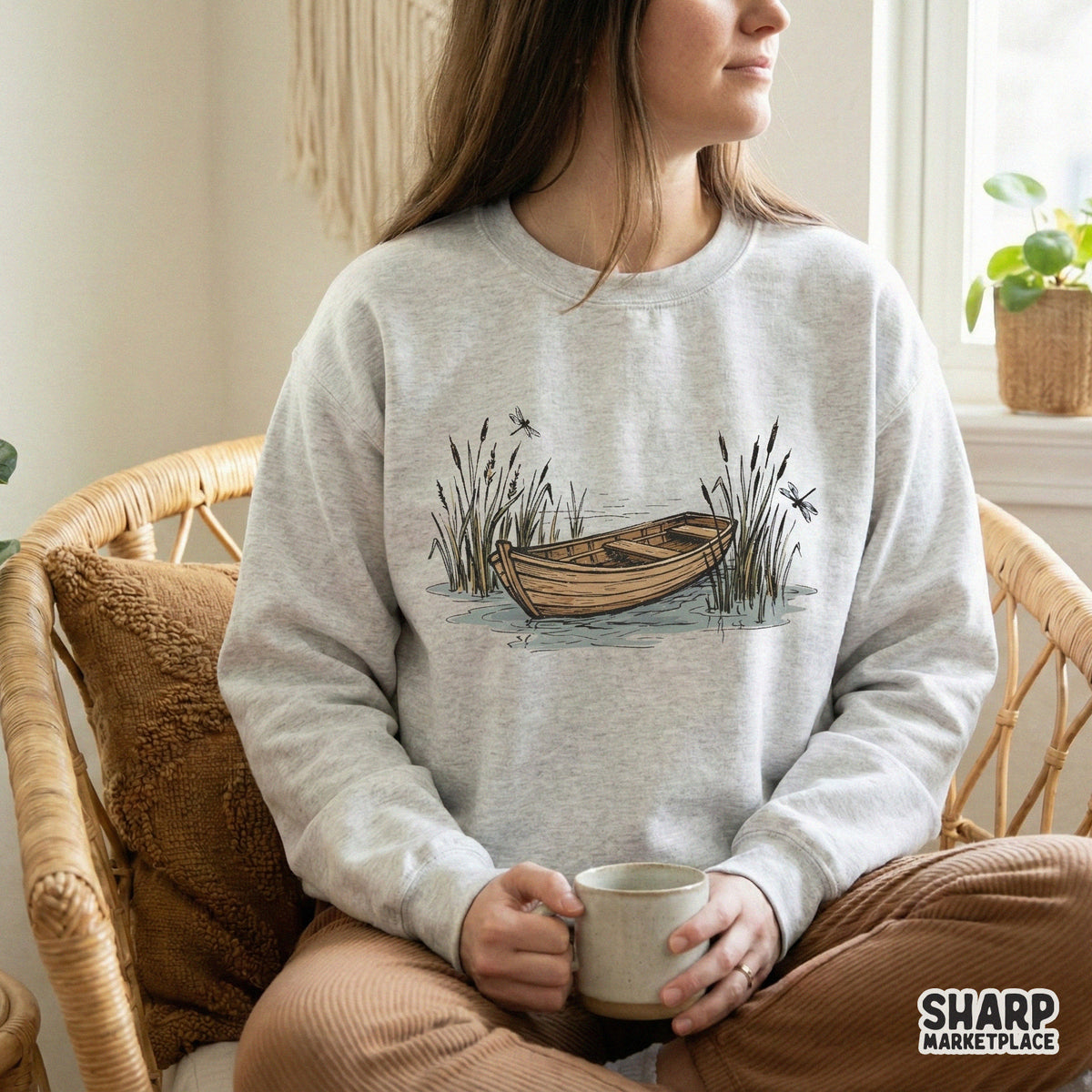 Tranquil pond landscape digital art with a wooden boat and dragonflies, designed for high-quality printing on apparel, posters, and craft projects.