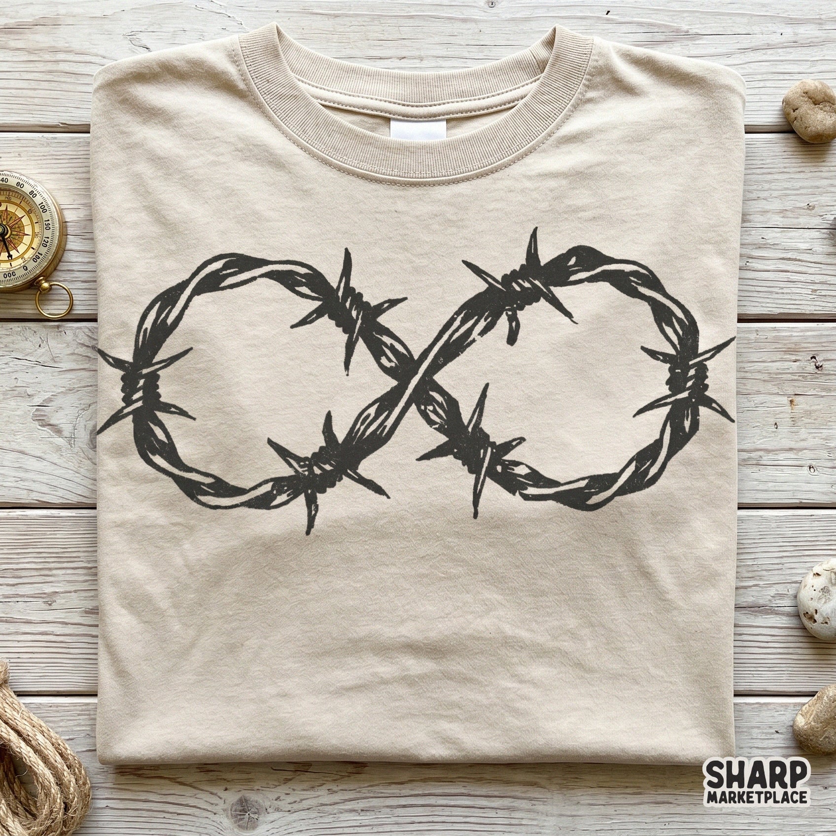 Gothic style infinite barbed wire heart digital art with a sharp, distressed ink texture, ideal for creating unique stickers, tumblers, or posters.