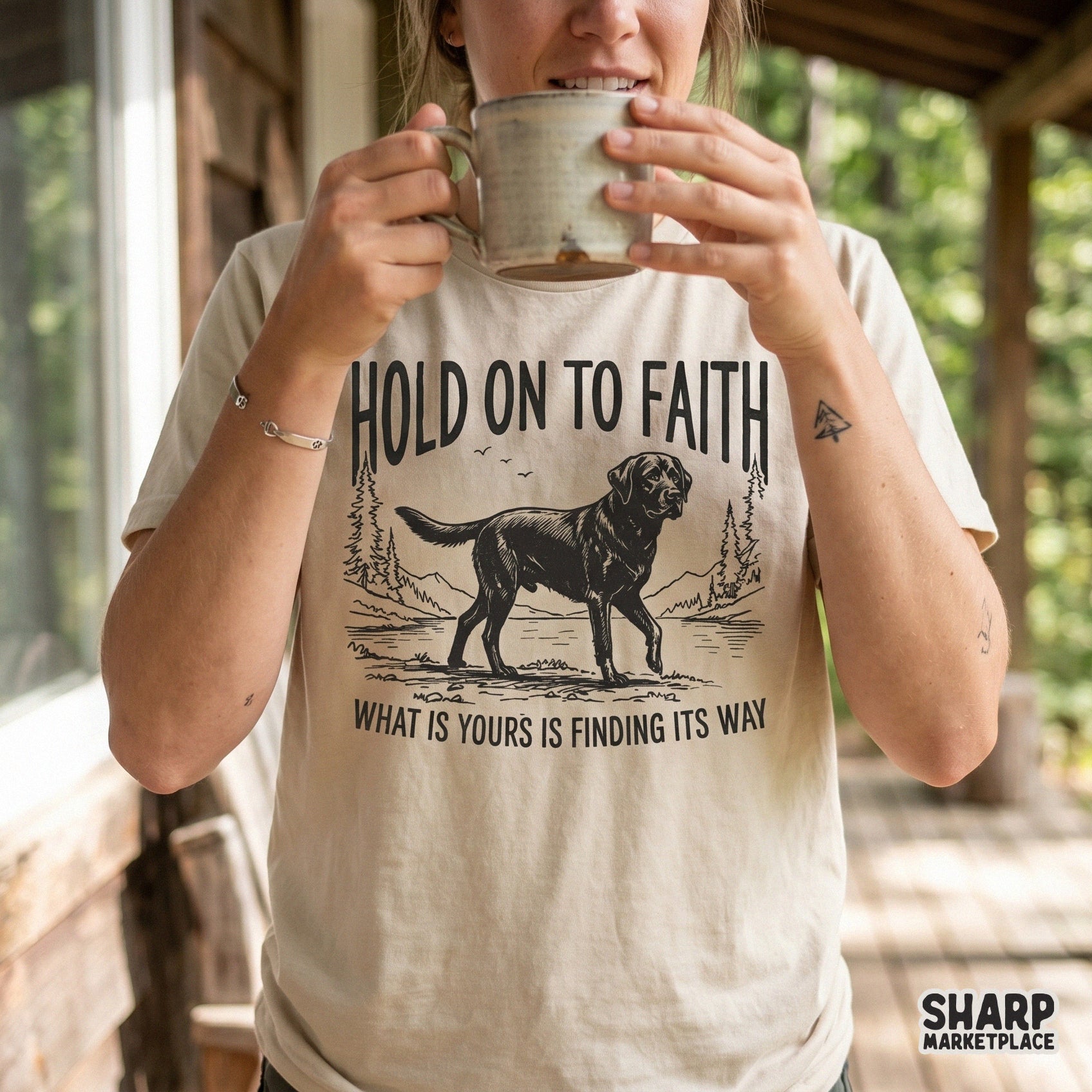 A rustic Christian graphic featuring a black dog in a mountain landscape, perfect for sublimation, t-shirts, and faith-based apparel projects.