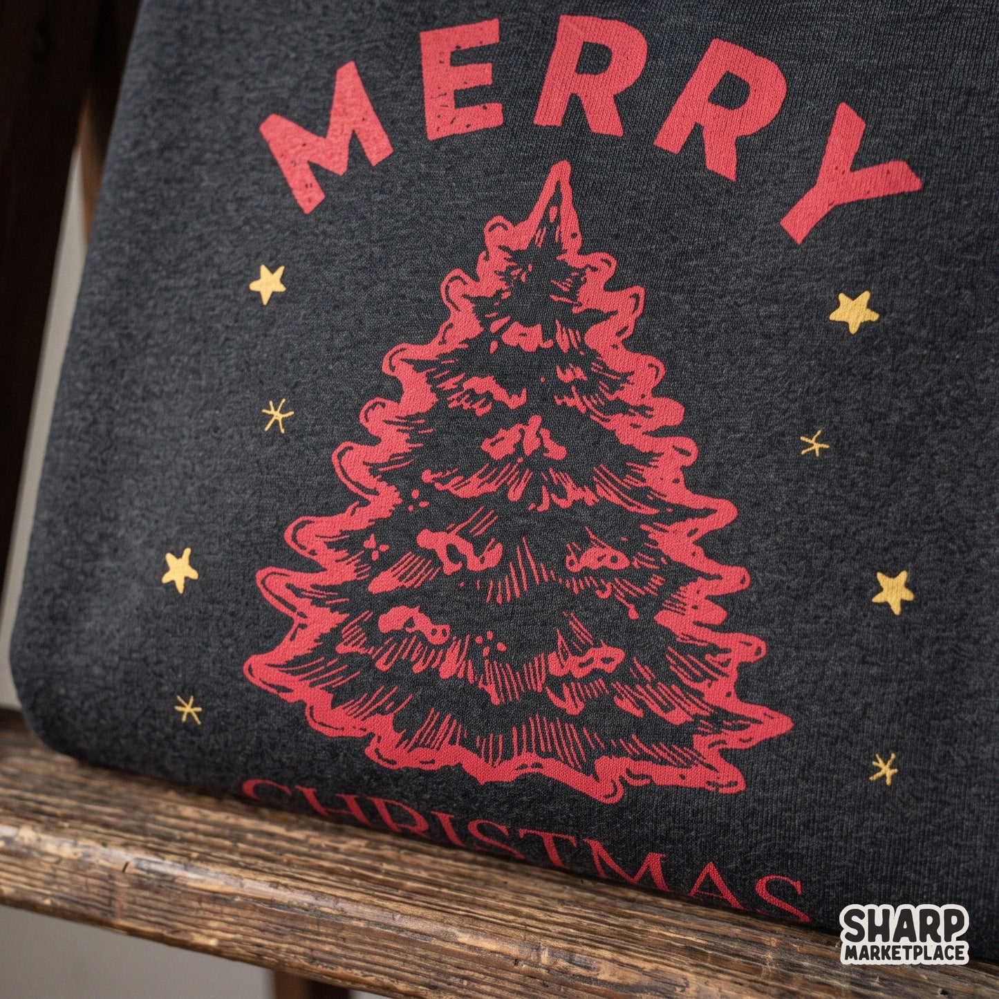 Red sketched pine Christmas tree design with star doodles for retro holiday sublimation and t-shirt prints