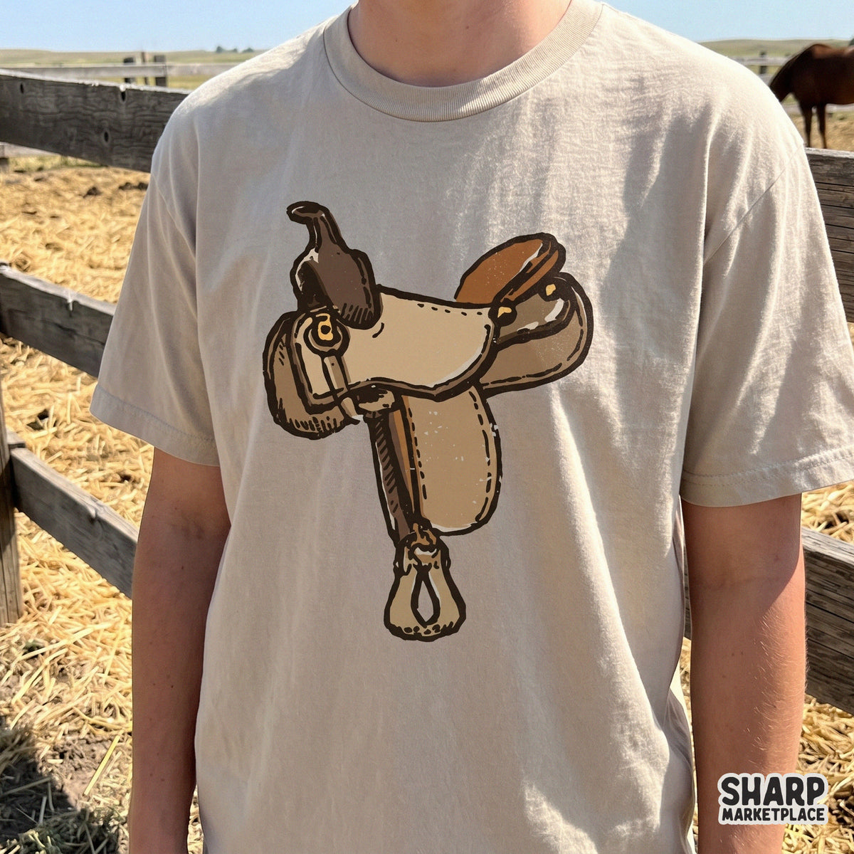 Detailed western saddle graphic with a weathered, hand-drawn look, ideal for creating custom cowboy-themed stickers, tumblers, and printable wall art.