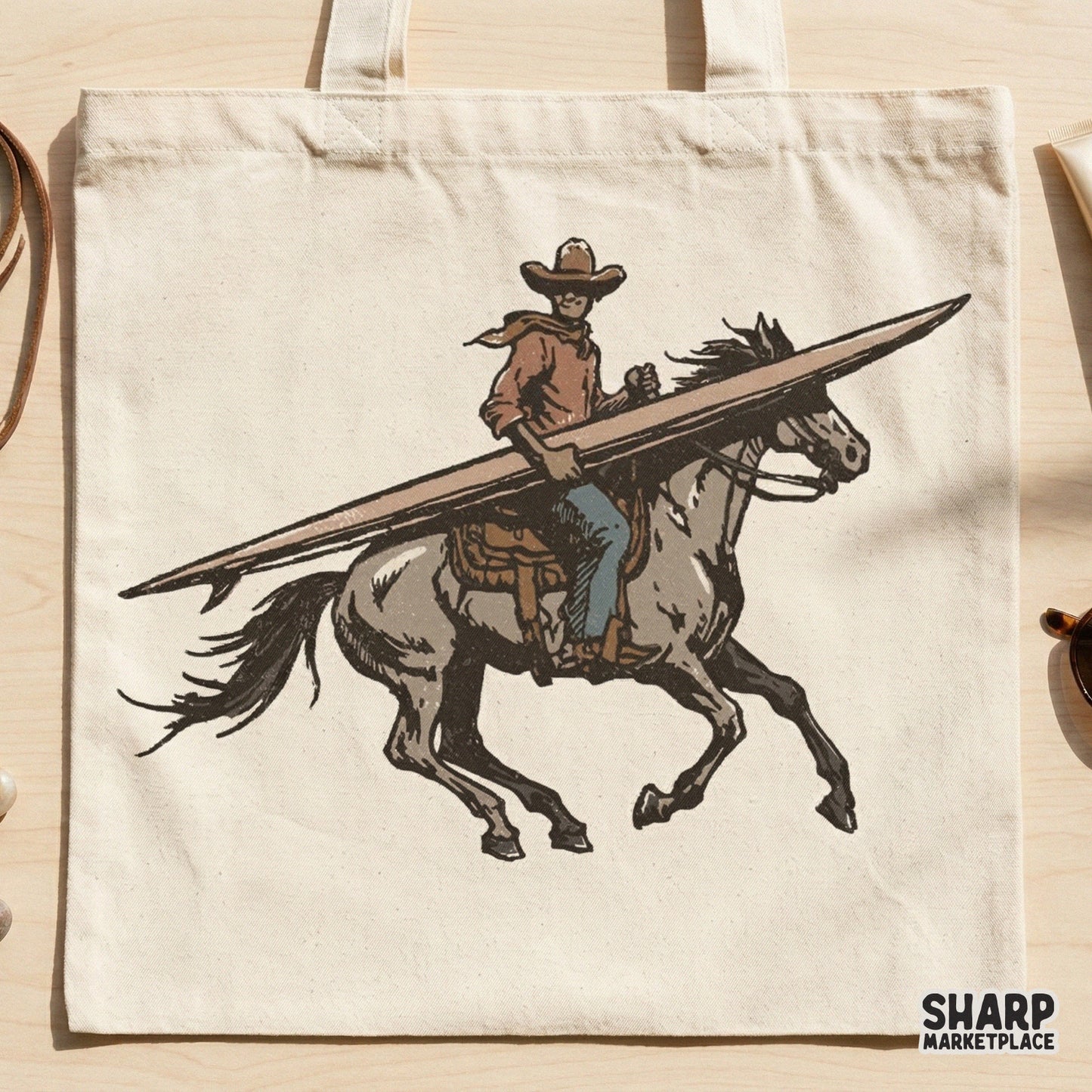 Retro western beach bronc illustration showing a rider with a surfboard on horseback, suitable for sublimation tumblers and trendy apparel designs.