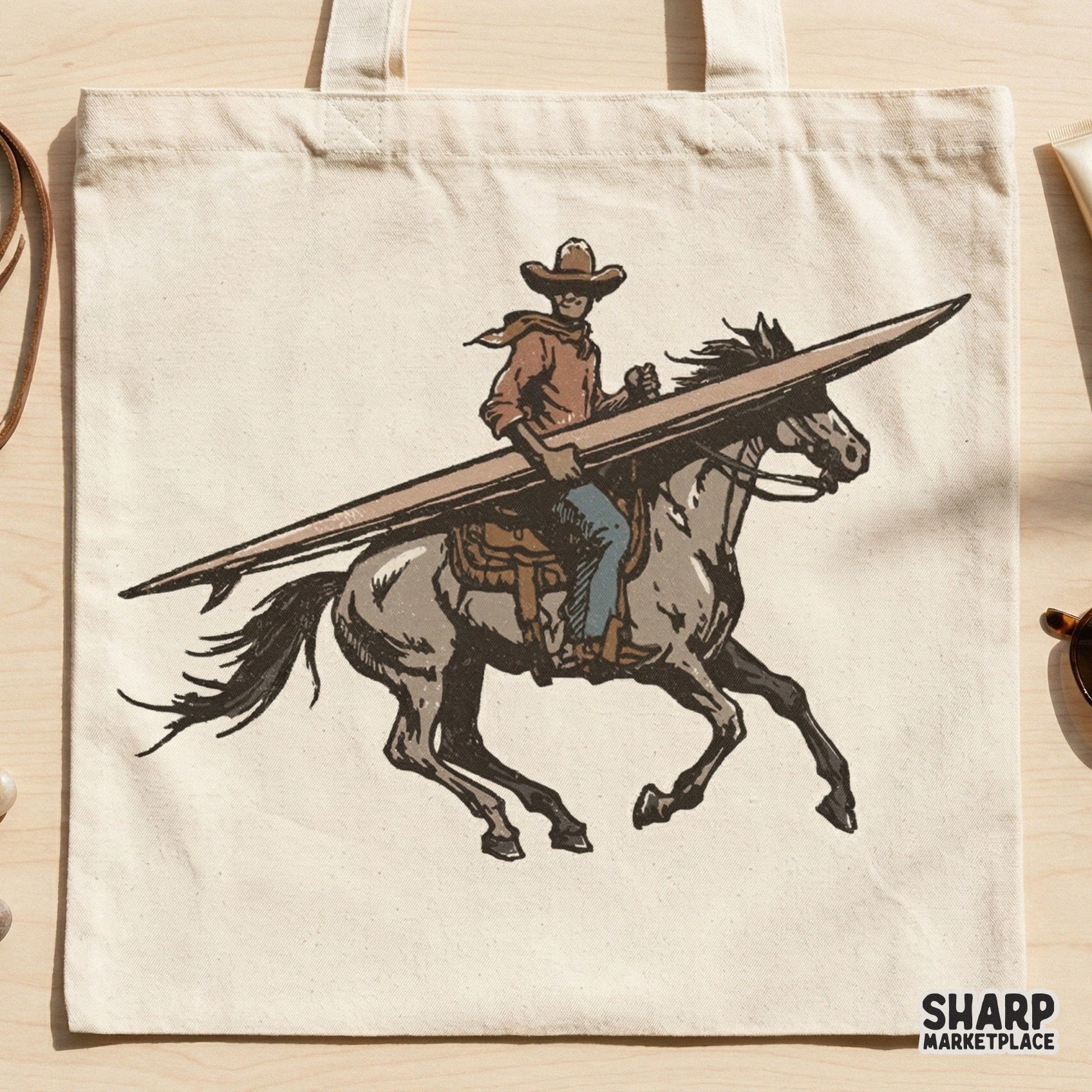 Retro western beach bronc illustration showing a rider with a surfboard on horseback, suitable for sublimation tumblers and trendy apparel designs.