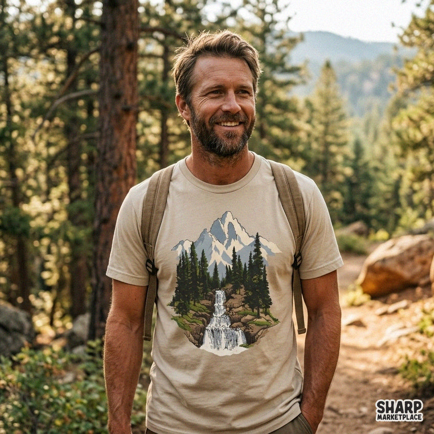 Retro snowy mountain peak with tiered waterfall and pine forest png design for autumn camping shirts and outdoor apparel