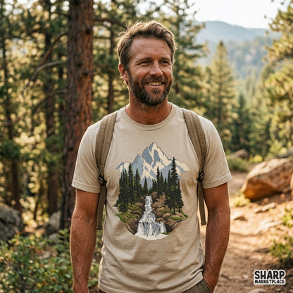 Retro snowy mountain peak with tiered waterfall and pine forest png design for autumn camping shirts and outdoor apparel
