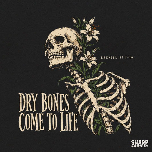 Floral skeleton graphic design with Ezekiel 37 dry bones Bible verse theme for Christian t-shirts and apparel PNG