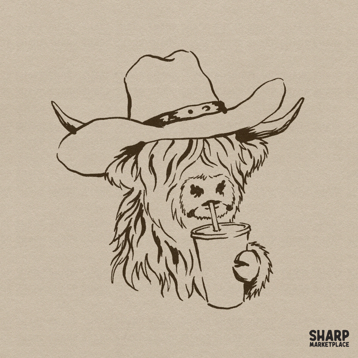 Hand-drawn brown ink illustration of a shaggy Highland cow wearing a cowboy hat and sipping a drink from a cup with a straw.