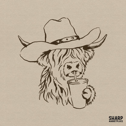 Hand-drawn brown ink illustration of a shaggy Highland cow wearing a cowboy hat and sipping a drink from a cup with a straw.