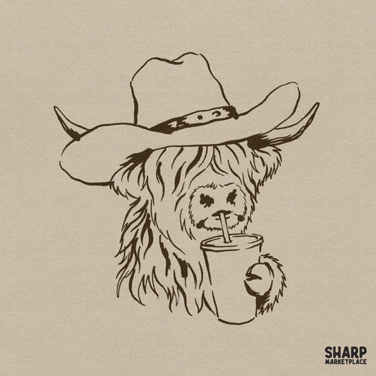 Hand-drawn brown ink illustration of a shaggy Highland cow wearing a cowboy hat and sipping a drink from a cup with a straw.