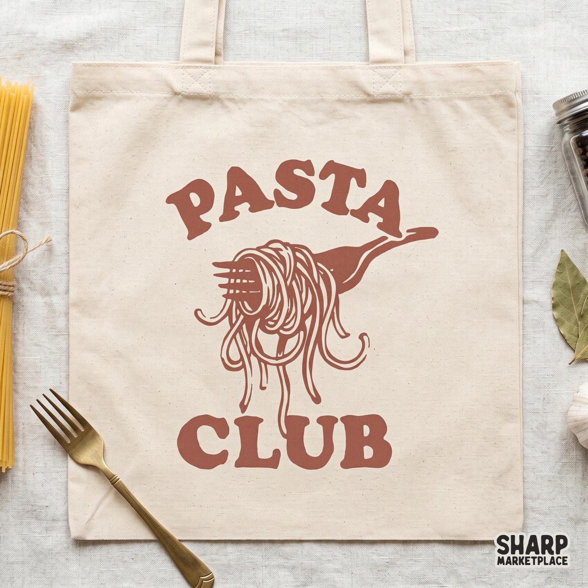 Hand-drawn spaghetti fork illustration with Pasta Club text in a retro serif font, suitable for print-on-demand shirts, tumblers, and wall art.