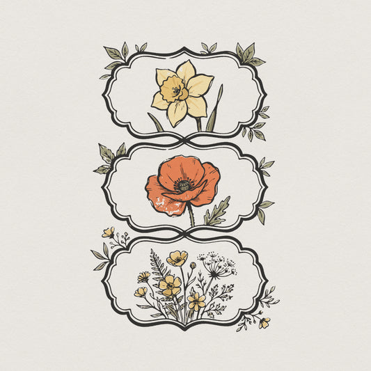 Daffodil Poppy Wildflowers PNG, Hand Drawn Floral Art PNG - 300 DPI