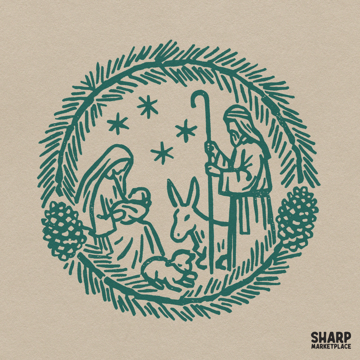 Vintage holy family linocut nativity scene pine wreath Christian PNG sublimation design for t-shirts
