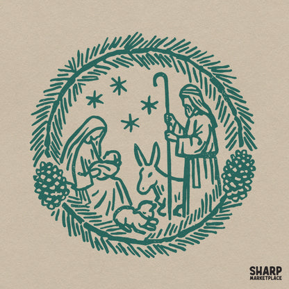 Vintage holy family linocut nativity scene pine wreath Christian PNG sublimation design for t-shirts