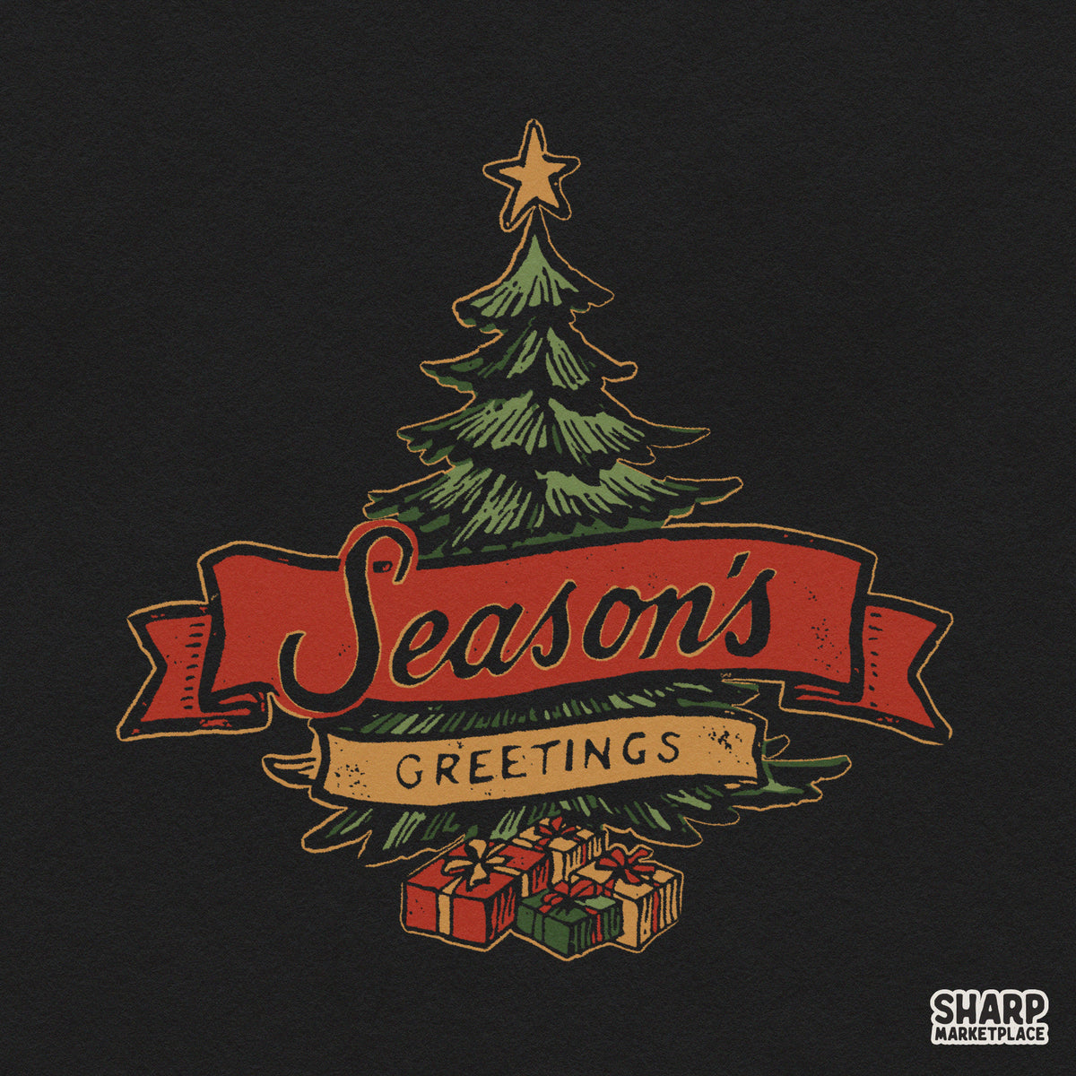 Retro Christmas tree graphic with Season's Greetings text for holiday shirt sublimation and festive decor PNG downloads