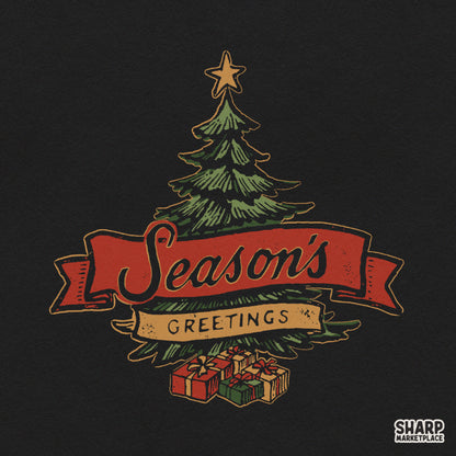 Retro Christmas tree graphic with Season's Greetings text for holiday shirt sublimation and festive decor PNG downloads