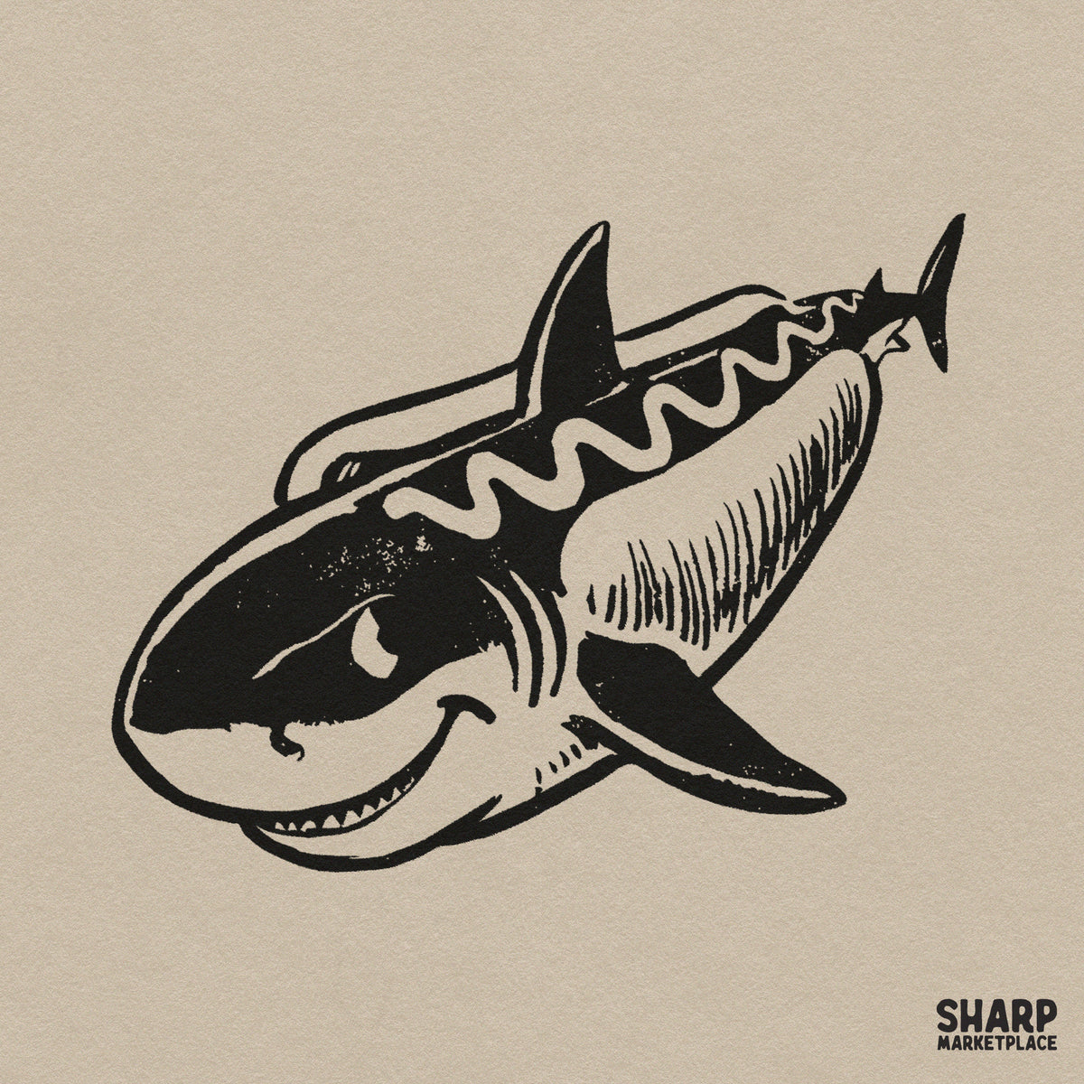 Vintage smiling great white shark sketch PNG graphic for summer beach t-shirts and sublimation tumblers