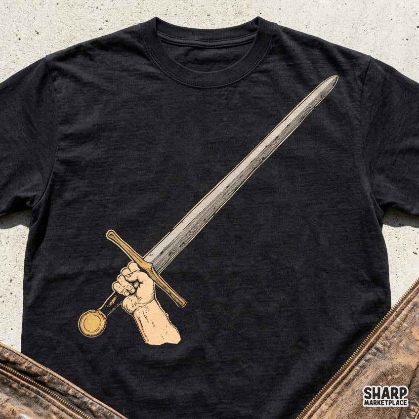 Hand holding a medieval metal sword retro sublimation PNG design for fantasy knight T-shirts and apparel