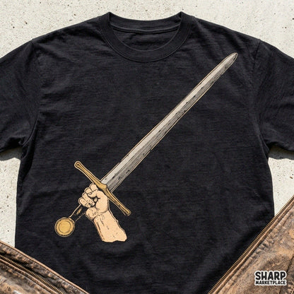 Hand holding a medieval metal sword retro sublimation PNG design for fantasy knight T-shirts and apparel