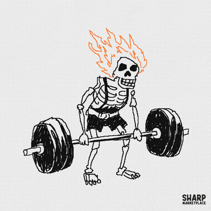 Hand-drawn skeleton weightlifter with a flaming head lifting a heavy barbell, perfect for retro gym shirts and sublimation projects.