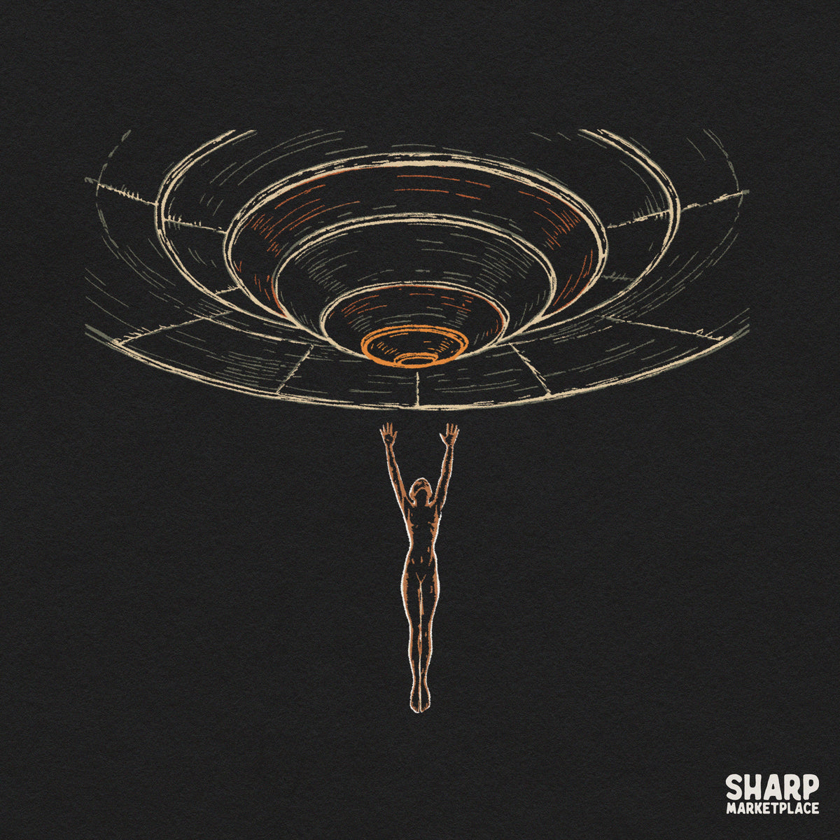 Sci fi UFO flying saucer beaming up a human retro space graphic for Halloween shirts and spooky season sublimation