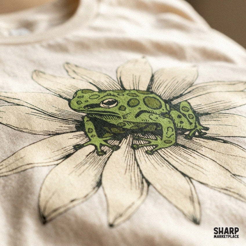 Vibrant green frog sitting on a white daisy flower sublimation PNG for cute spring nature t-shirt designs