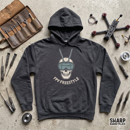 Edgy skull png wearing drone goggles for FPV freestyle drone pilot streetwear and apparel print design
