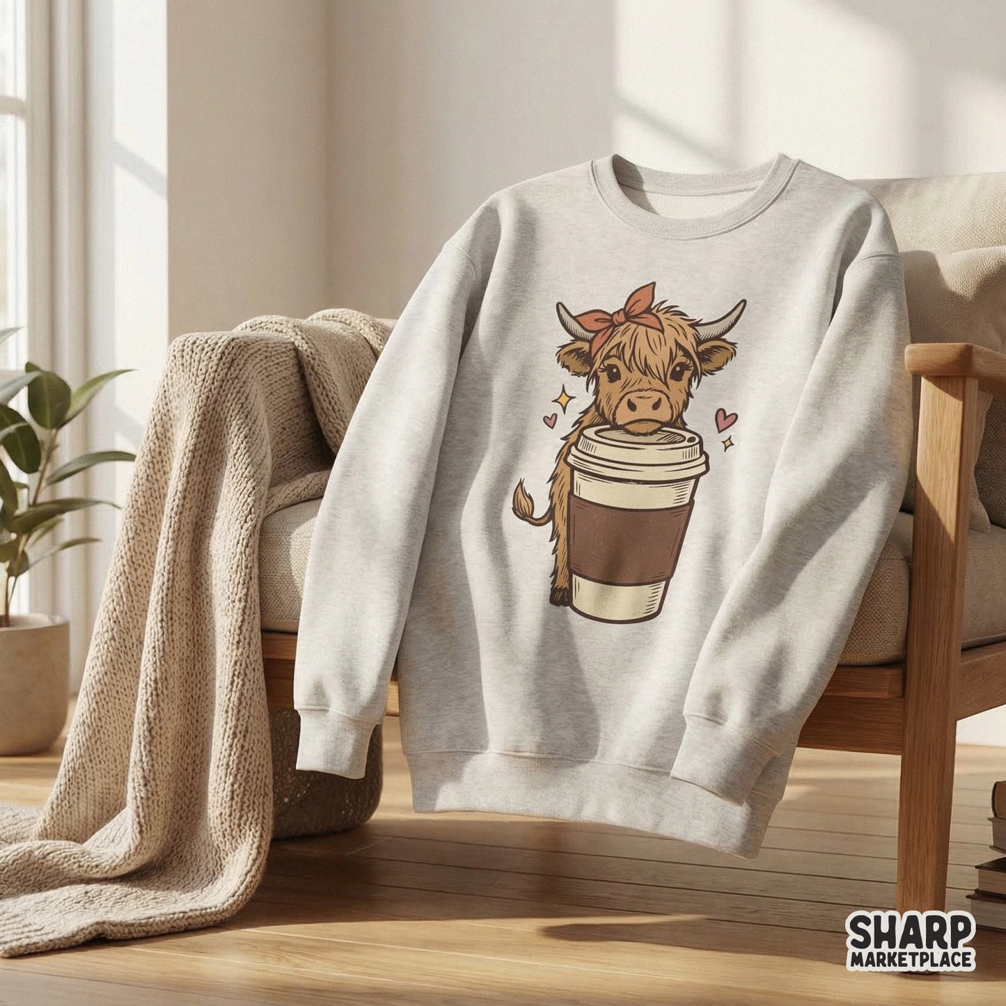 Retro inspired highland cow digital design with a coffee cup, suitable for print-on-demand shirts, heat transfers, and creative craft projects.