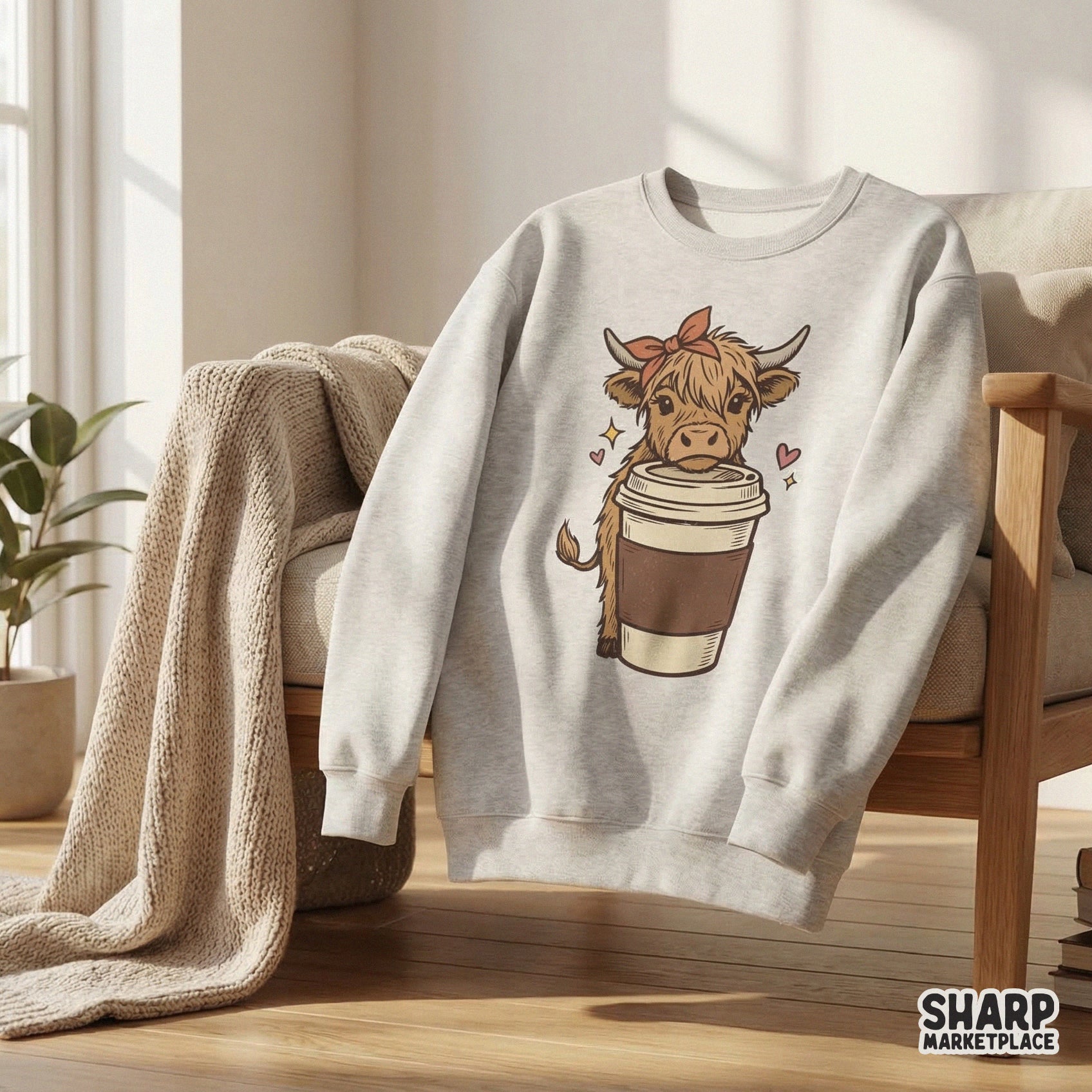 Retro inspired highland cow digital design with a coffee cup, suitable for print-on-demand shirts, heat transfers, and creative craft projects.
