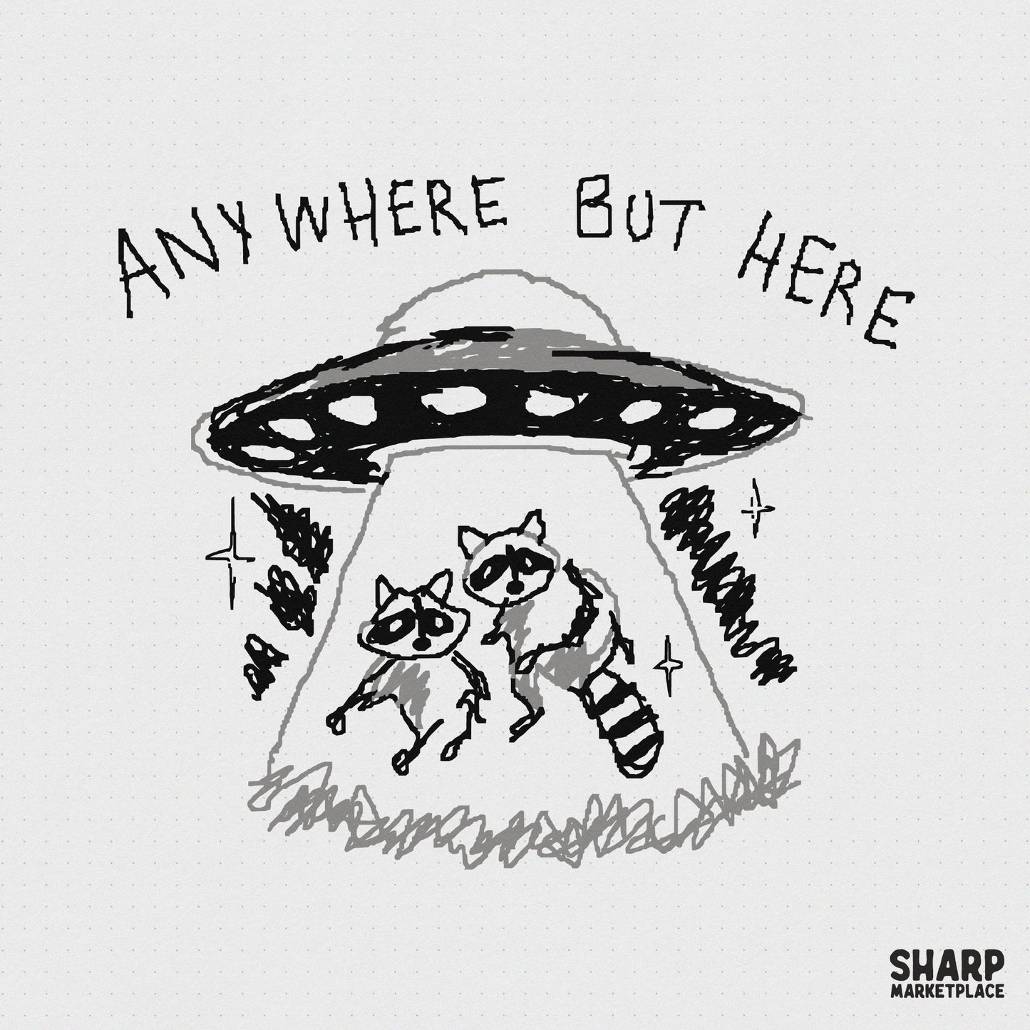 Hand-drawn black and white digital art of two wide-eyed raccoons being abducted by a UFO with the text Anywhere But Here in a sketchy style.