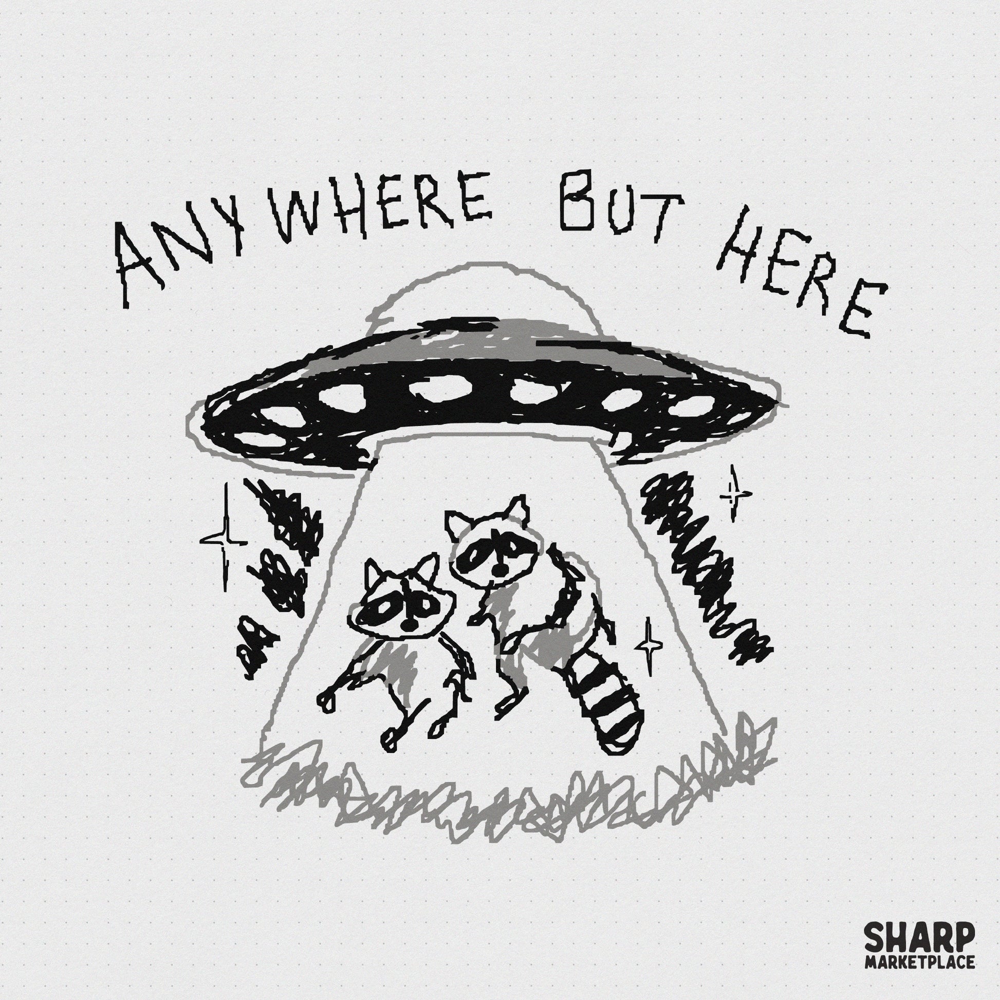 Hand-drawn black and white digital art of two wide-eyed raccoons being abducted by a UFO with the text Anywhere But Here in a sketchy style.