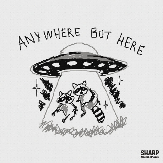 Hand-drawn black and white digital art of two wide-eyed raccoons being abducted by a UFO with the text Anywhere But Here in a sketchy style.