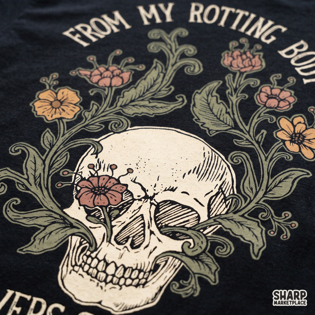 Gothic floral skull PNG design with growing flowers for spooky season and print on demand apparel