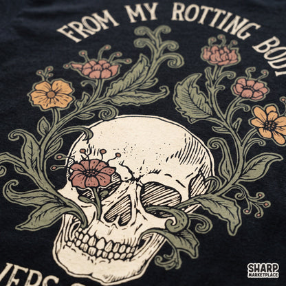 Gothic floral skull PNG design with growing flowers for spooky season and print on demand apparel